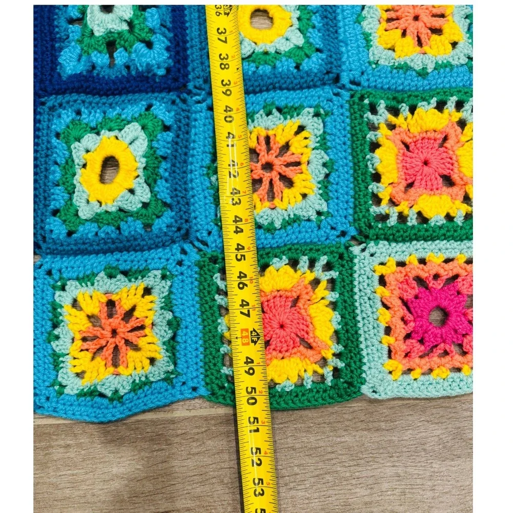 Handmade Crochet Granny Square Throw Blanket Rainbow Ombre Afghan 48x52 Boho